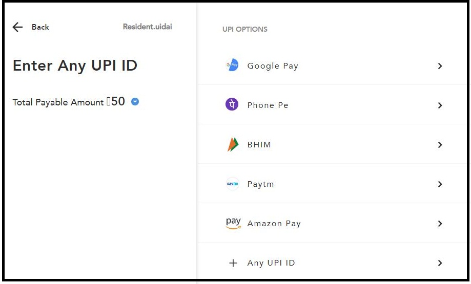 aadhar pvc card payment option 